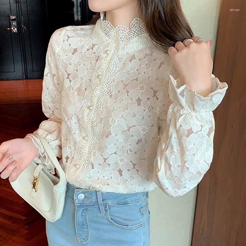

Women' Blouses Half-high Collar Lace Bottoming Shirt Autumn 2022 Long Sleeve Elegant Hollow Out Blouse Sweet Flowers Top Blusas 16986, Picture color