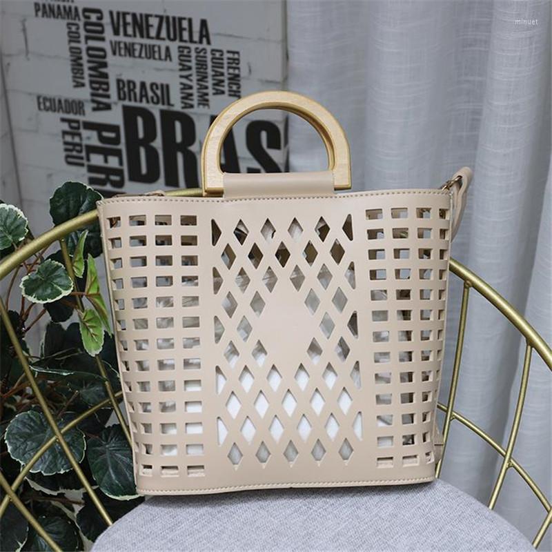 

Evening Bags Fashion Women Handbags Hollow Out Beach Bag Wood Handle Tote PU Leather Shoulder Bolsa Feminina Drop