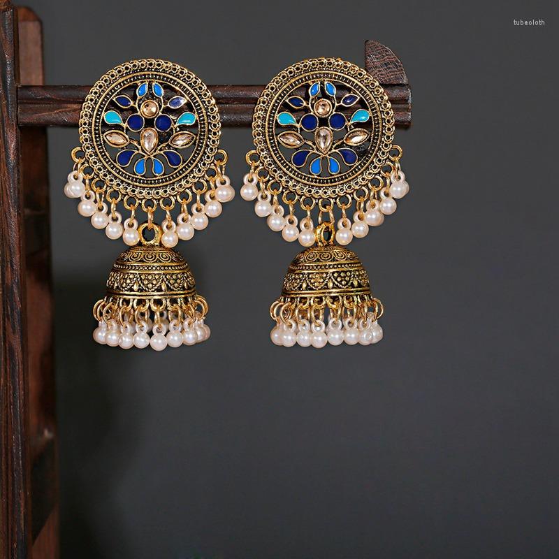 

Dangle Earrings Ethnic Women's Big Round Bollywood Oxidized Vintage Flower Bohemian Pearl Tassel Jhumka