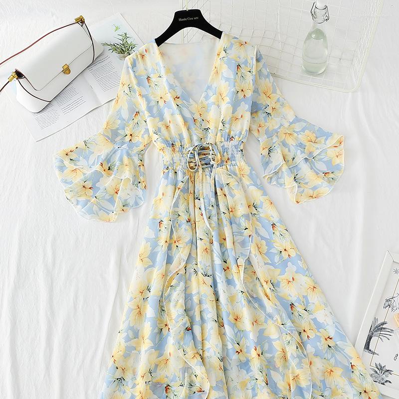 

Casual Dresses Summer Dress Female 2022 Super Fairy Sweet Floral Chiffon Retro V-neck Trumpet Sleeve Long Skirt Bandage For Women, 12