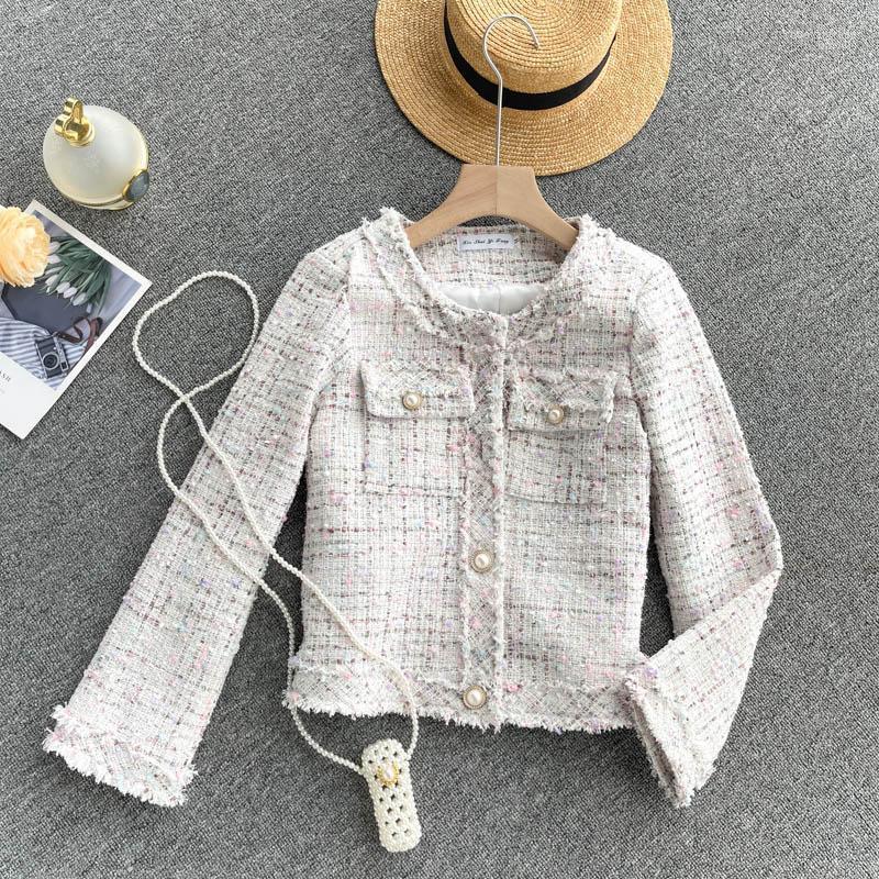 

Women's Jackets Women's WIGADFHK 2022 Fall/Winter Checkered Tweed Jacket Fringe Trimmed O-Neck Long Sleeve Cardigan Casual, Picture color