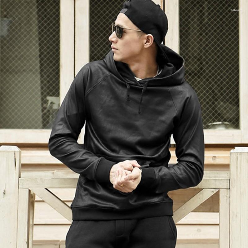 

Men' Hoodies Fashion Mens Hoody Sweatshirt Casual Stretchy Faux Leather Pullover Tops Pocket Hip Hop Hoodie Male Streetwear Sweatshirts Cap, Black