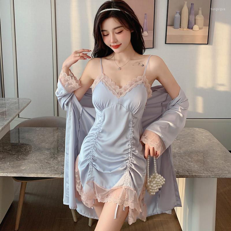 

Women's Sleepwear Two-pieces Robe Set With Breast Pad Nightwear For Women Sexy Bathrobe&nightgown Lace Drawstring Kimono Gown, White