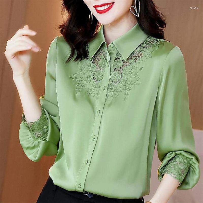 

Women's Blouses Satin Embroidered Women Shirt Imitation Silk Female Lapel Hollow Lantern Sleeves OL Basic Spring Woman's, Army green
