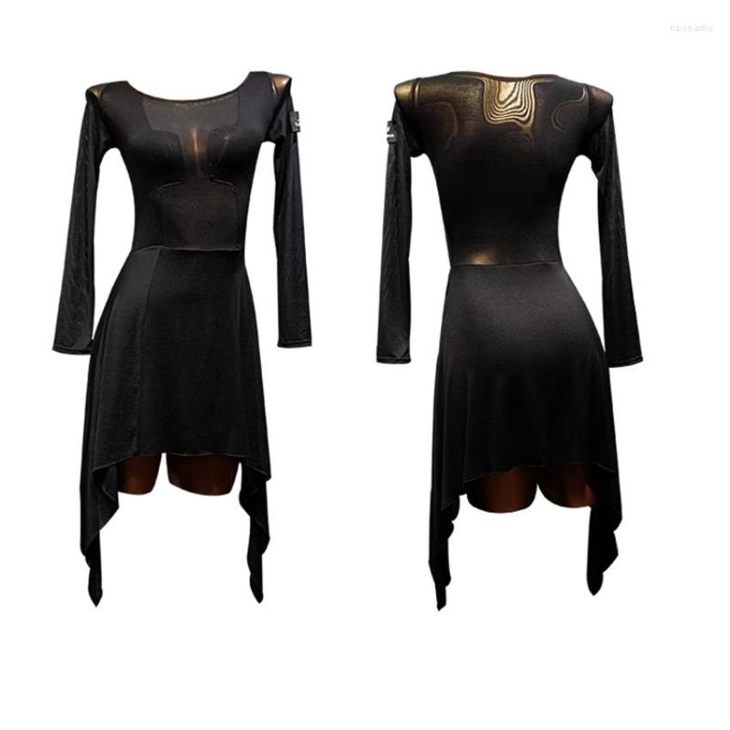 

Stage Wear Latin Dance Dress Lady Fitting Swing Skirt Hem Practice Clothes Performance Costume Women Samba Salsa, Black