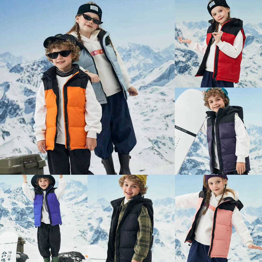 

Patchwork Solid Color Kid Down JACKET Puffer Vest Sleeveless Winter Body Warmer Children Waistcoat Boys Girl Hooded Duck Down Coats Detachable Hat Ski Snow Tops, Fill postage
