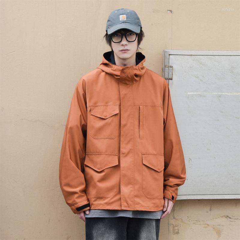 

Men's Jackets Vintage Outdoor Hooded Mens Solid Cargo Clothing Japanese Fashion Trends Streetwear Tops Teenage Casual Windbreaker Coat, Black