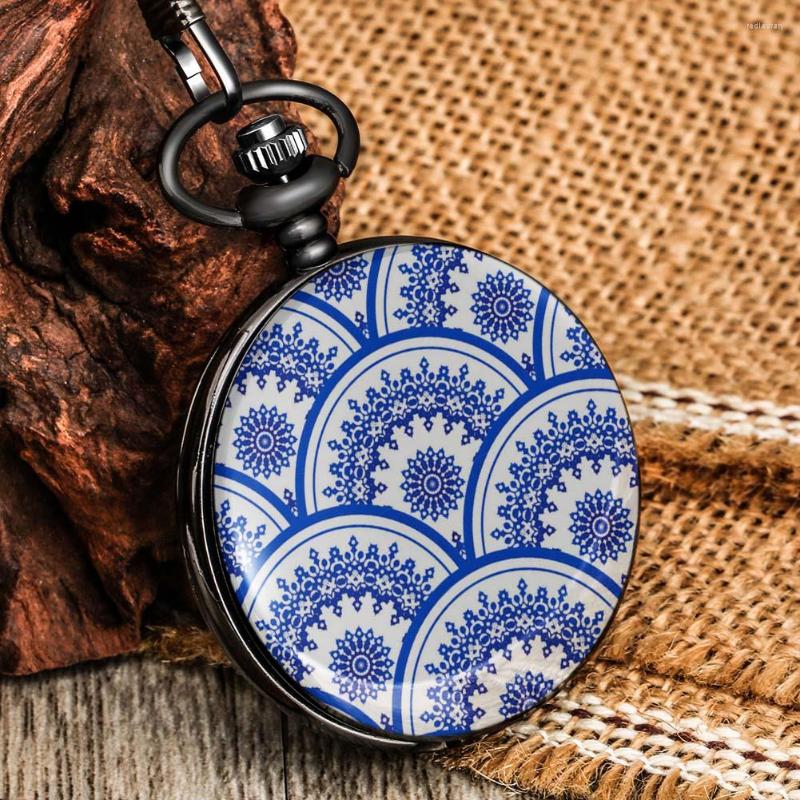 

Pocket Watches Exquisite Blue And White Porcelain Watch High Quality Alloy Cover Numeral Dial Portable Pendant Chain Fashion Accessories