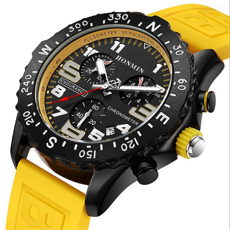 

Wristwatches Luxury Band Endurance Chronograph Quartz Black Dial Multifunctional Fashion Business Sports Calendar Silicone Strap Men Watch, Blue