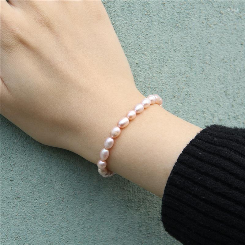 

Strand Rose Pink Freshwater Potato Pearls Bangles Beaded Simple For Men Women 7-8mm Natural Baroque Pearl Elastic Bracelet Gift