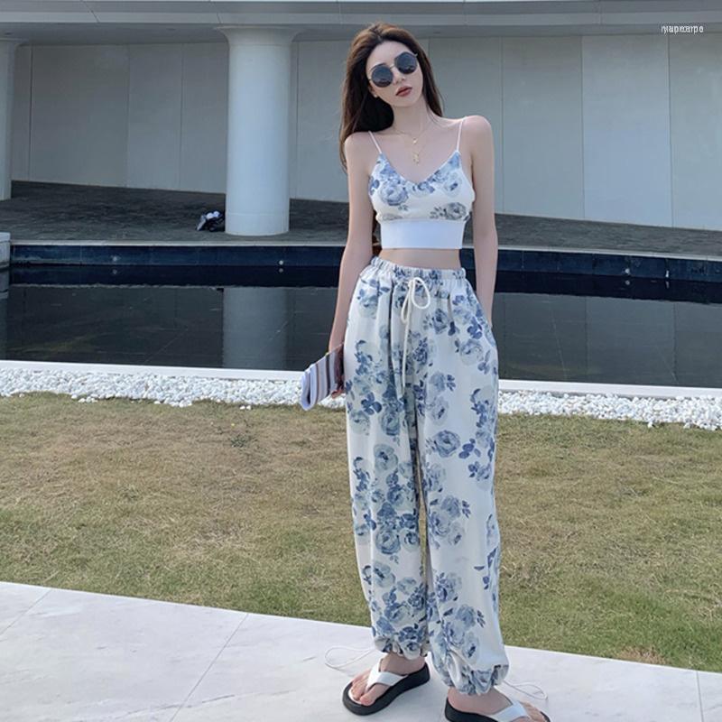 

Women's Two Piece Pants Women's Summer Drawstring High Waist Loose Flower Print Jogger Pant Women Sweatpant Fashion Thin Trouser Set, Tops