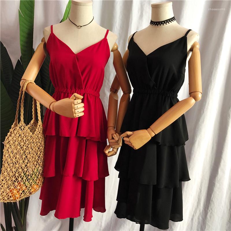 

Casual Dresses Customize Women Summer Fashion Retro Vintage Sleeveless V Neck Solid Color A Line Cake Dress, Black