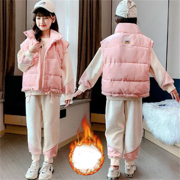 

Girls' Set Autumn and Winter Sports Plush Thickened Children's Vest 3-piece Set GC1694, Pink
