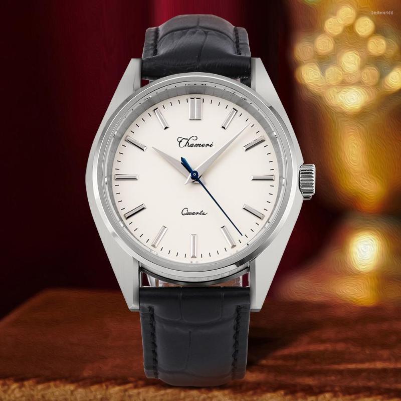 

Wristwatches Chameri 2022 Men's Watches Top Luxury Quartz Watch For Men Clock Japan VH31 Movement Sapphire Glass Stainless Steel Case, White