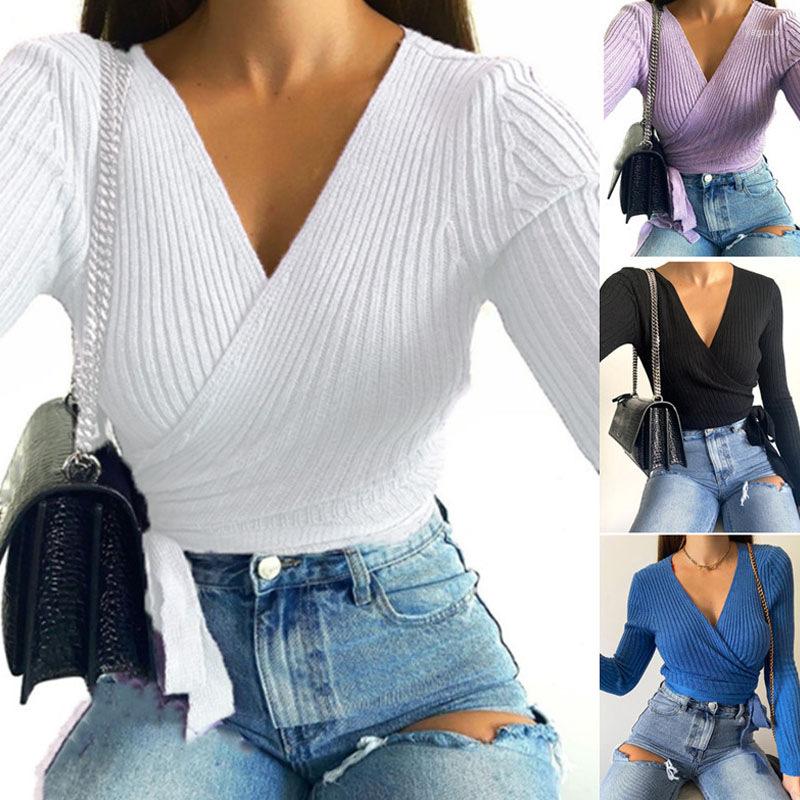 

Women' Blouses Women Sexy Neck Wrap Blouse Solid Color Crop Tops Black White Long Sleee T Shirt Cross Slim Ribbed Knitwear Top