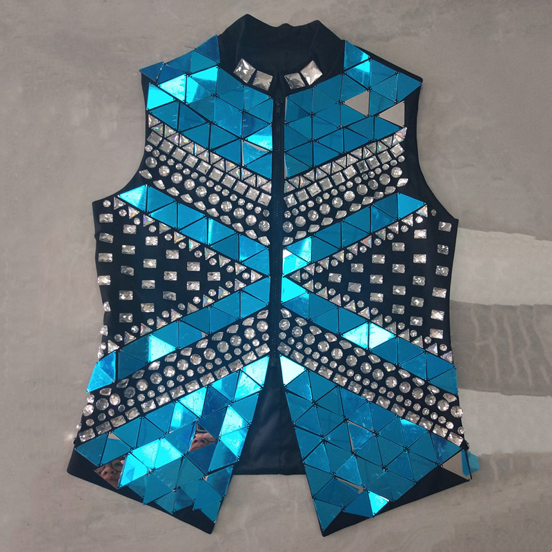 

Men' Sparkly Rhinestones Mirror Vest Outerwear Bar Nightclub Male Singer Stage Crystal Sequins Waistcoat Performance Clothes Drum Dance Coat, Silver black