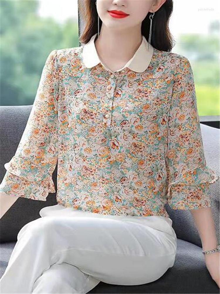 

Women's Blouses Floral Chiffon Shirt Fashion Women Polo-Neck Print Ladies Top Elegant Summer Puff Sleeve Basic Female Clothing, Beige