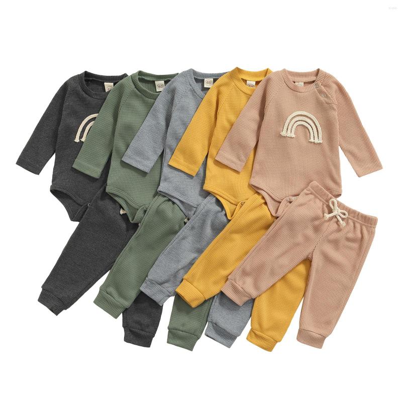 

Clothing Sets Infant Baby Girls Boys Ribbed Long Pants Set Sleeve Rainbow Romper Elastic Waist Lace Up, Army green