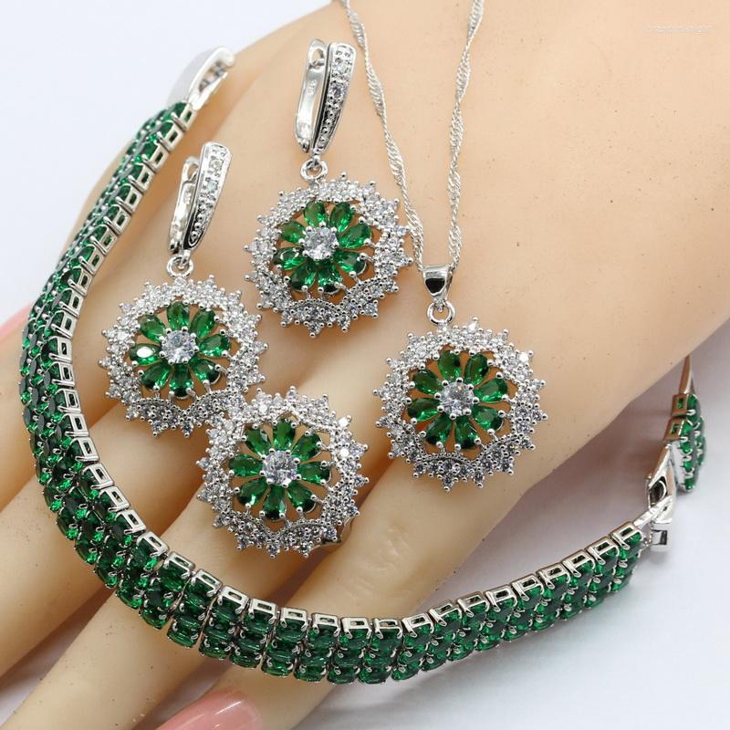 

Necklace Earrings Set Bridal For Women Green Stones 925 Stamp Pendant Bracelets Rings Gift Box, Picture shown