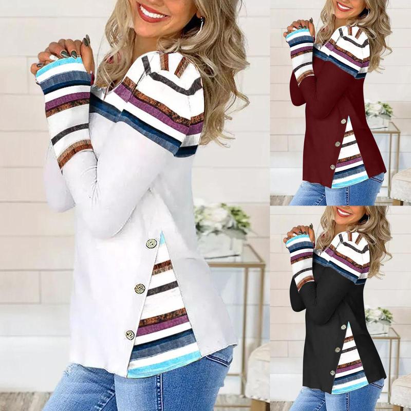 

Women's T Shirts Women's Soft Sweatshirts Color Blocking Stripe Printing Long Sleeves V Neck Top Buttons Tee Summer Tops For Women Short, Wine