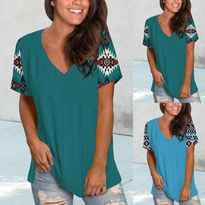 

Women's T Shirts Shirt For Women Casual Summer V Neck Printed Loose Pullover Short Sleeve Tops, Blue