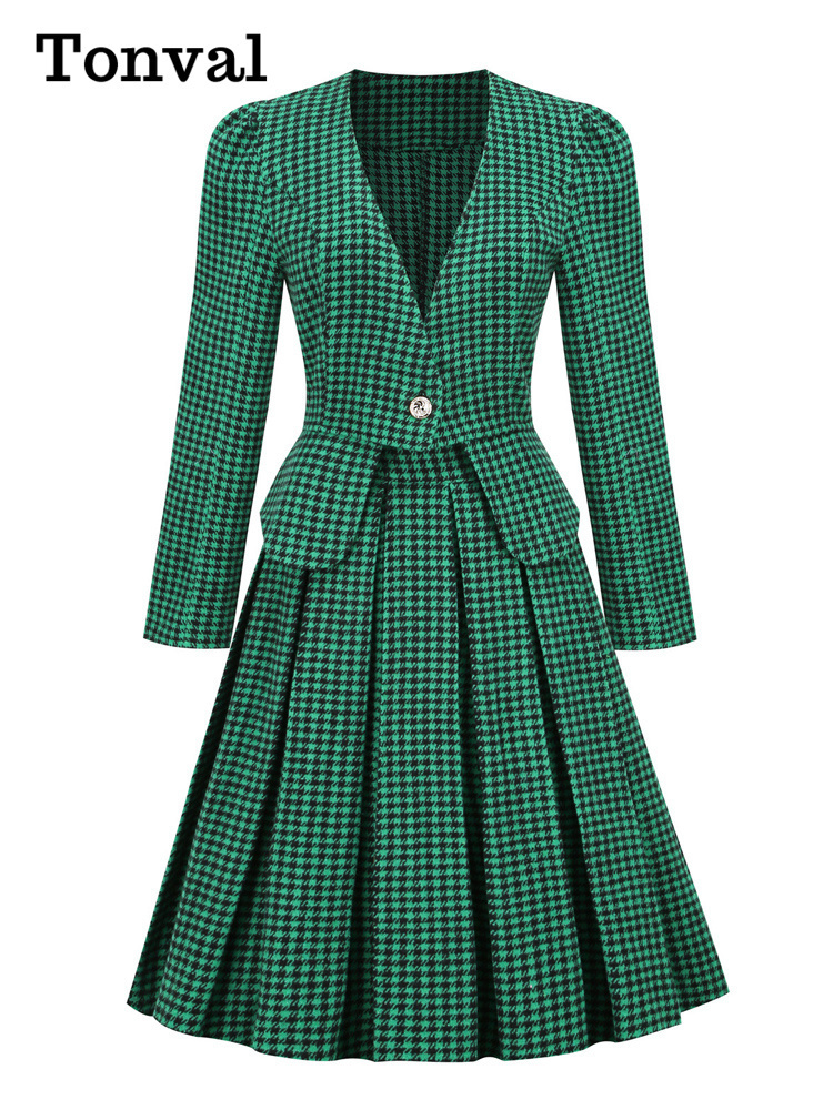 

Two Piece Dress Tonval Office Outfits Blazer and Skirt Green Houndstooth Vintage Set Elegant Fall Winter Clothing 221010