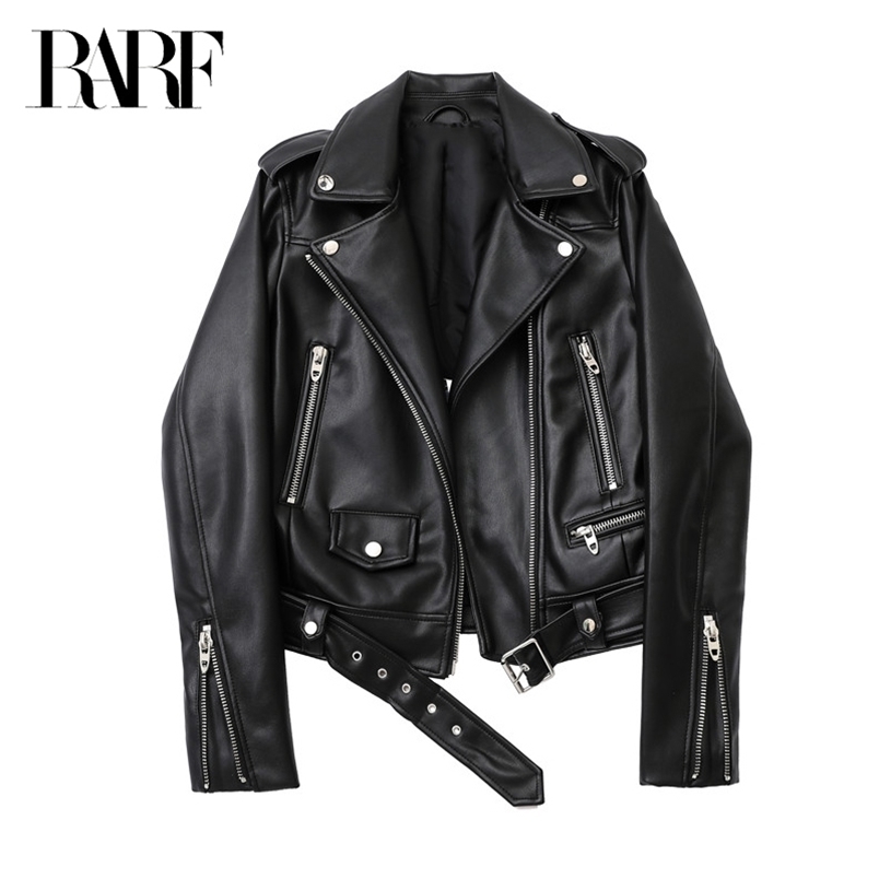 

Women's Leather Faux Spring and Autumn faux leather PU jacket with belt women's lapel motorcycle black zip biker 221010
