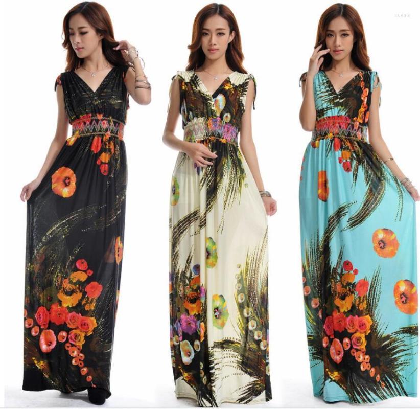 

Casual Dresses Beach Dress Plus Size 6XL Women Summer Clothing Bohemian Silk Floral V-neck Maxi Vestido C99, Beige