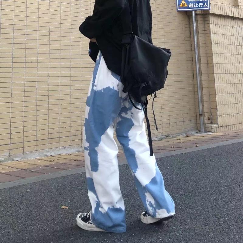 

Men' Jeans Tie-dye Mopping Trousers High Street Loose Hip Hop Straight Skateboard Jean Pants Plus Size 5XL- Mens Fashion, White