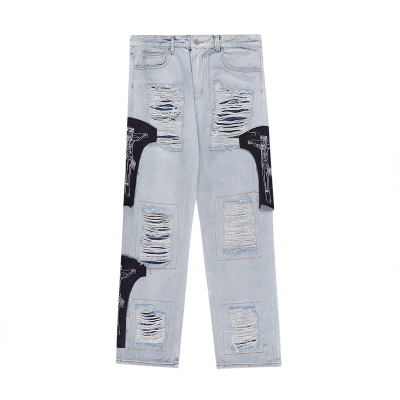 

Frayed Hole Pants Embroidery Patchwork Washed Blue Men's Denim Trousers Baggy Casual Straight Ripped Jeans