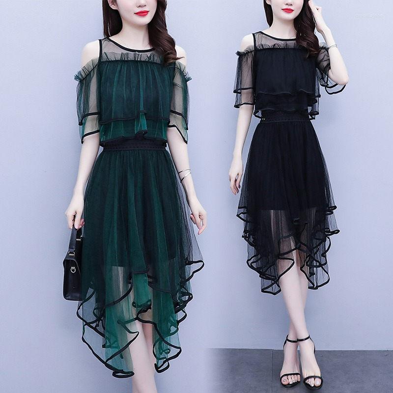 

Work Dresses Korean Fashion Sets Outfit Women 2022 Summer Clothing Solid Color Mesh Off The Shoulder Top Skirt Two Piece Trendy Suit H1300, Black