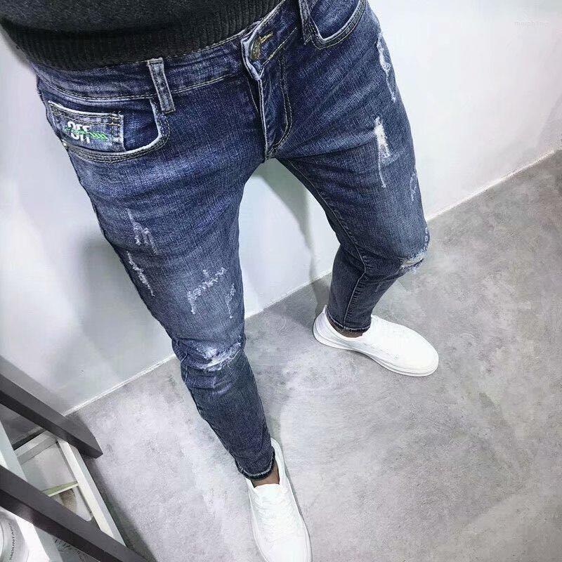 

Men's Pants Fashion 2022 Casual Men's Streetwear Korean Elastic Cowboy Students Pencil Slim Jeans Hombre Trendyol Teenager Trousers, Blue
