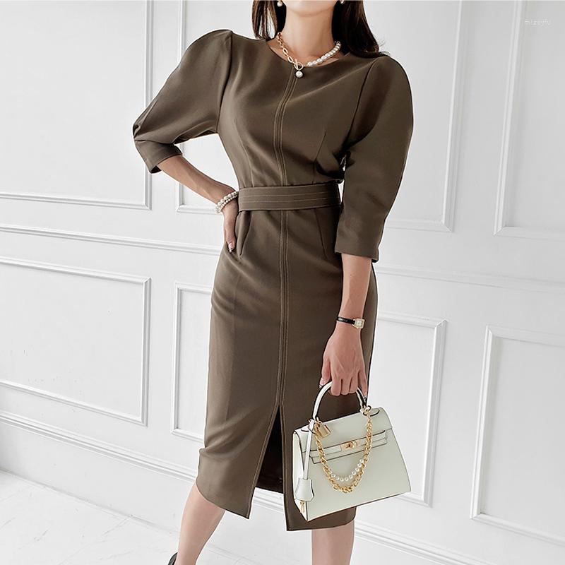 

Casual Dresses Elegant Formal Dress Solid Puff Sleeves 3/4 Split Pencil 2022 Fall/Winter Slim Bodycon Office Lady Work, Khaki