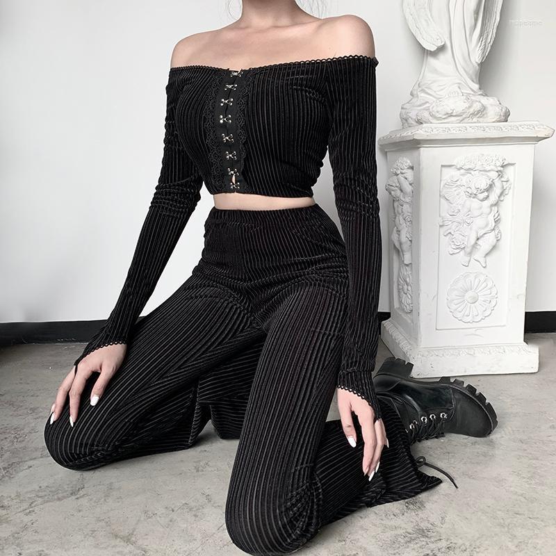 

Women's Two Piece Pants Women's Women Black Sets Streetwear Long Sleeve Crop Tops Gothic Flare Off Shoulder Bodycon 2022 Casual Fashion, Black top