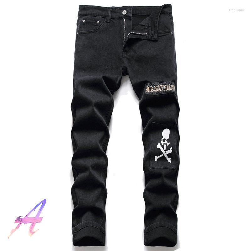 

Men's Jeans Autumn Winter Letter Embroidered Denim Pants Skull Print Slim Fit Black Men's