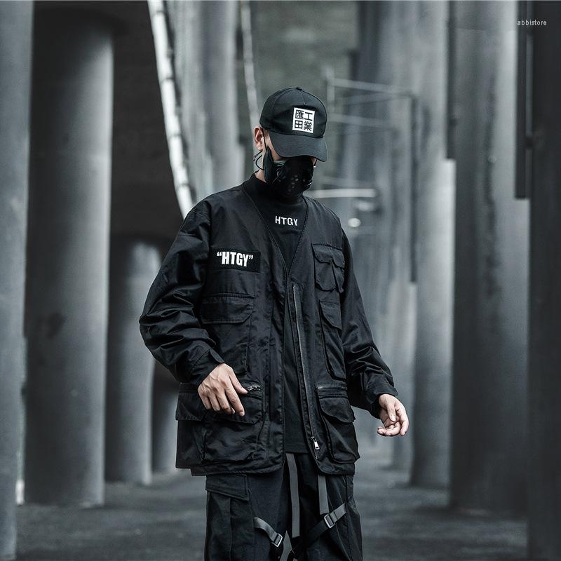 

Men's Jackets Multi-Pockets Zipper Hip Hop Techwear Cardigan Men's Casual Autumn Winter Outerwear Sports Coats Male Japan Streetwear, Black coats