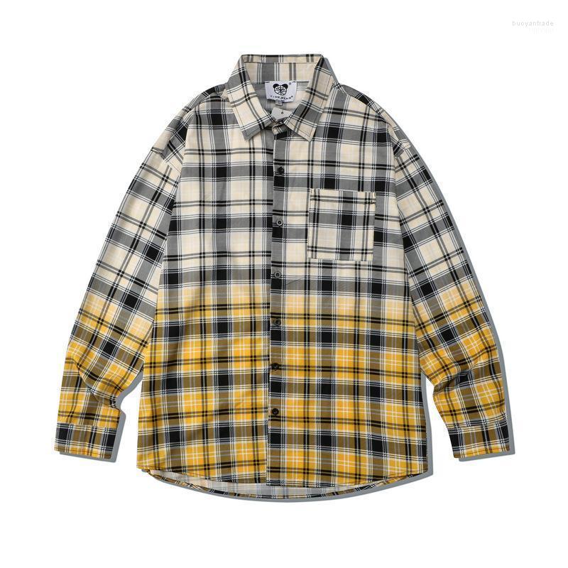 

Men' Casual Shirts Men' Harajuku Plaid For Men Gray Spell Yellow High Quality Loose Long-sleeved Camisa Masculina Single Pocket, Color as shown