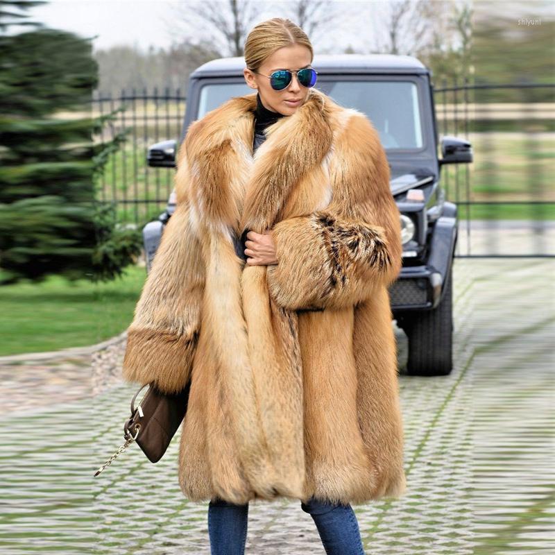 

Women's Fur 90cm Long Real Red Coat Thick Warm Winter Luxury Overcoat Women Genuine Whole Skin Coats With Collar, Length 90cm collar