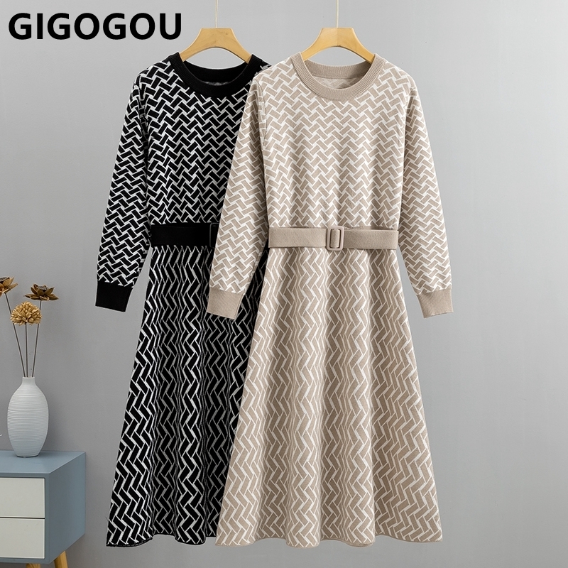 

Casual Dresses GIGOGOU Luxury Jacquard Women Long Knit Sweater CHIC Autumn Winter A Line With Belt Pleated Maxi Midi Party 221010, Purple