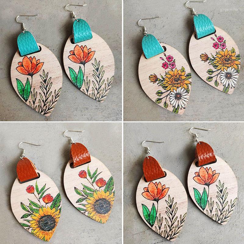 

Dangle Earrings Bohemia Ethnic Wooden Geometric Cowhskin Earring For Women Colorful Butterfly Sunflower Leaves Pattern Fashion Jewelry