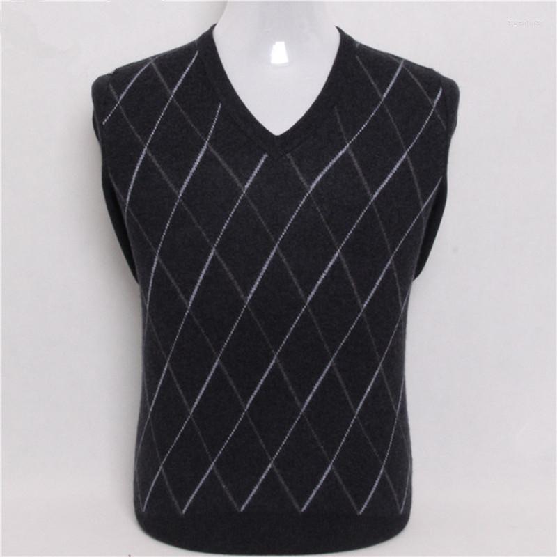 

Men' Sweaters Pure Goat Cashmere Argyle Jacquard Knit Men Fashion V-neck Thick Loose Pullover Sweater Grey 2color /4XL, Black