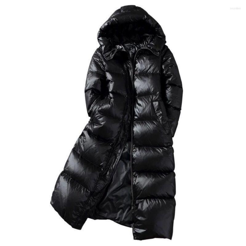 

Women's Down Black Padded Jacket Long Over The Knee Bright Face Korean Style Loose Women