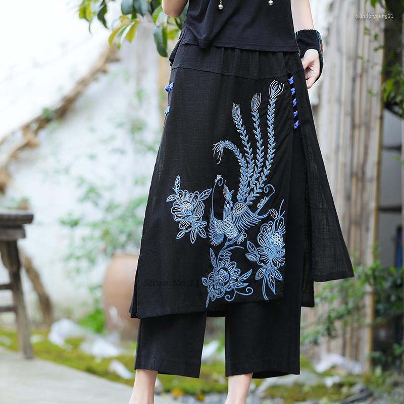 

Ethnic Clothing 2022 Traditional Women Loose Pants Chinese National Casual Trousers Harajuku Flower Embroidery Retro Cotton Linen