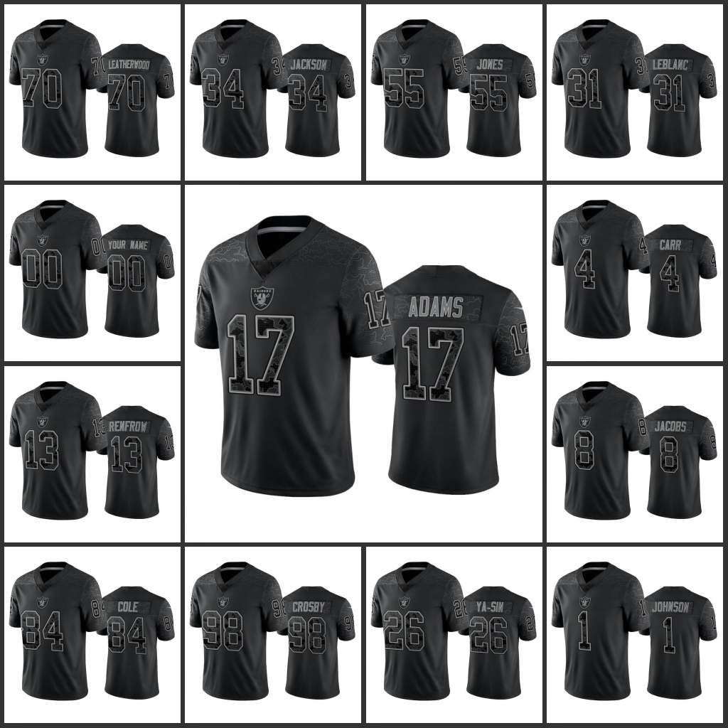 

Jerseys Las Vegas''Raiders''Men #4 Derek Carr 8 Josh Jacobs 17 Davante Adams 98 Maxx Crosby Custom Women Youth''NFL Black Reflective Limited Jersey