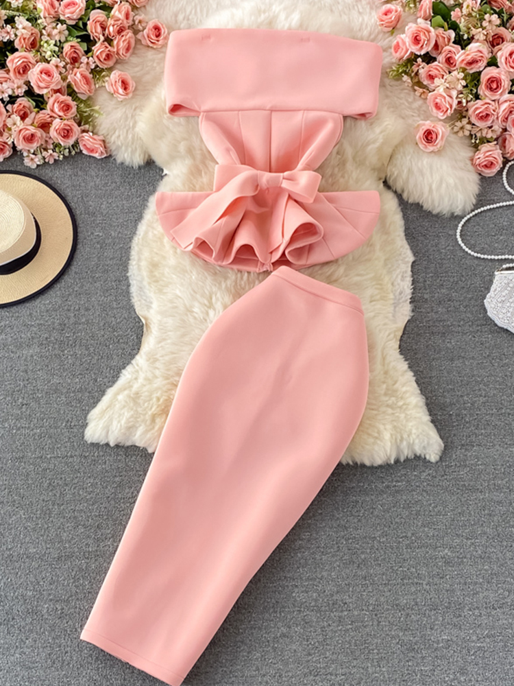 

Two Piece Dress FTLZZ Summer Women Sets Sexy Slash Neck Off Shoulder Ruffled Sash Tie Up Crop Top and Empire Slim Bodycon Skirt 221010, Pink