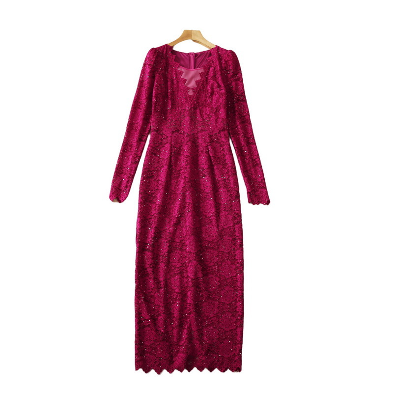 

108 XL 2022 Spring Autumn Runway Dresses Dress Long Sleeve Green Red Lace Empire Fashion Womens Crew Neck SH