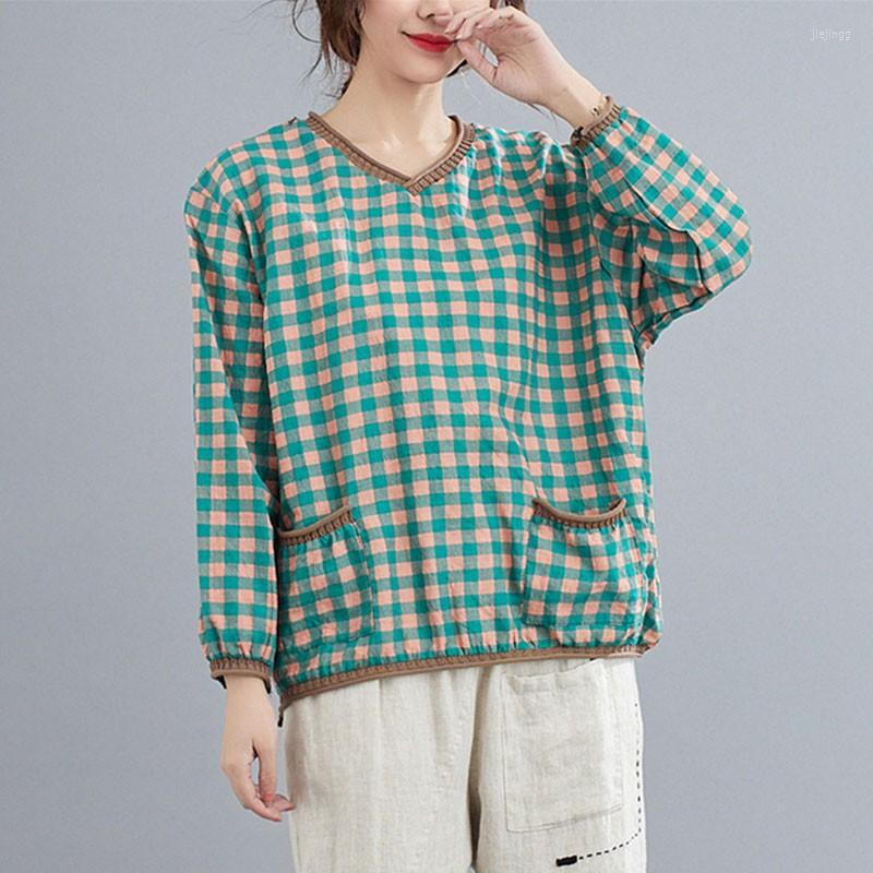 

Women's T Shirts 2022 Spring CA Women Cotton Linen Casual T-Shirts Plaid V-Neck Loose Female Long Sleeve Vintage Tops Comfortable Tees, Photo color