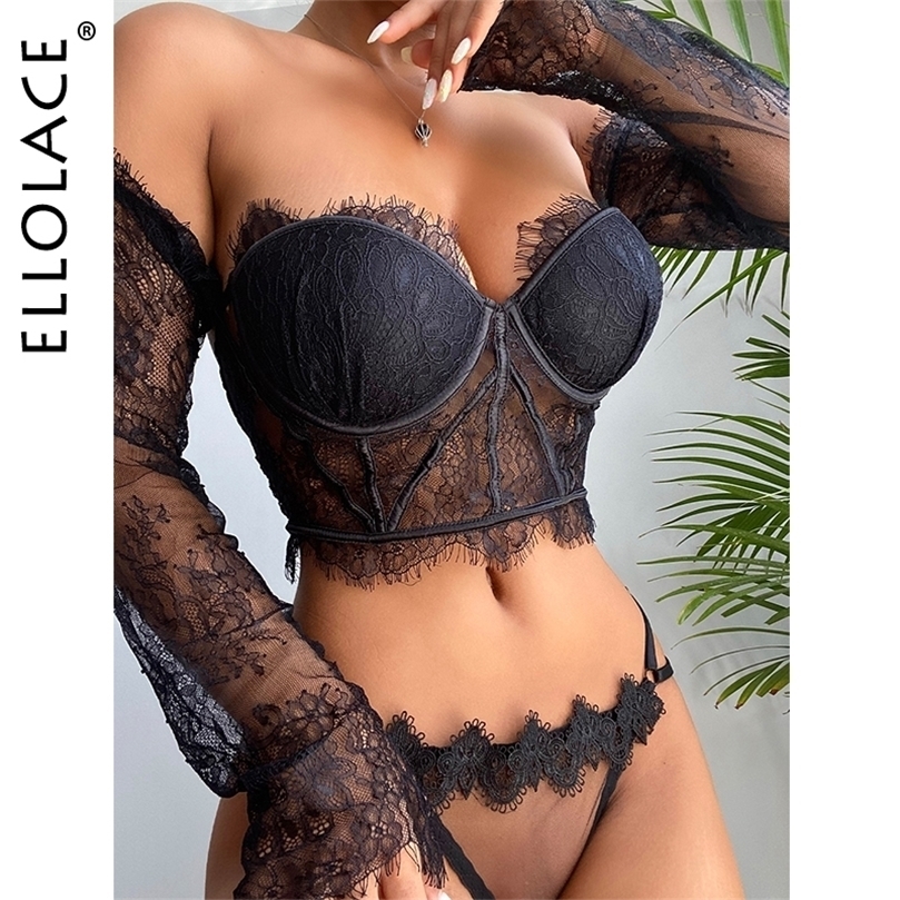 

Sexy Set Ellolace Off Shoulder Tops Sensual Lingerie Bralette Sexy Long Sleeve Womens Underwear Transparent Underwire Padded Bra 221010, Black