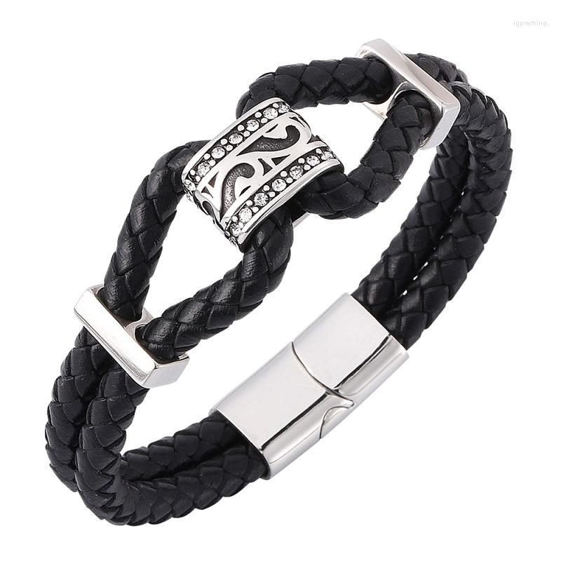 

Charm Bracelets Men Double Layer Black Leather Bracelet Stainless Steel Magnetic Buckle Braided Wrist Band Gifts ST0370
