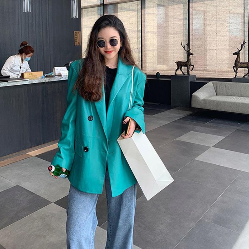 

Women' Leather Women Green Big Size PU Blazer Lapel Long Sleeve Loose Fit Jacket Fashion Tide Spring Autumn 2022, Turquoise